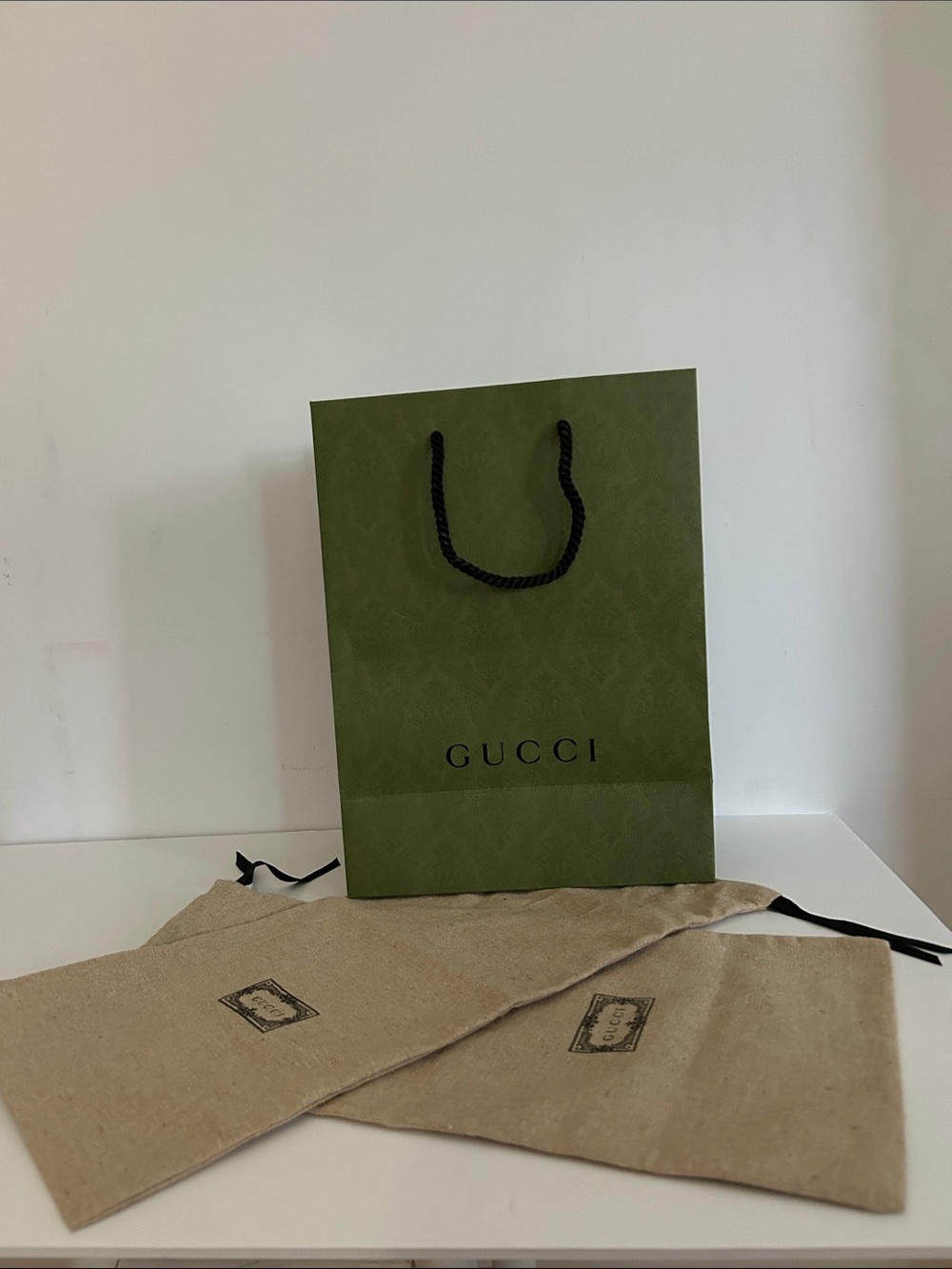 Authentic Gucci Medium Green Shopping Bag & 2 Shoe Dust Bags Replacement Set